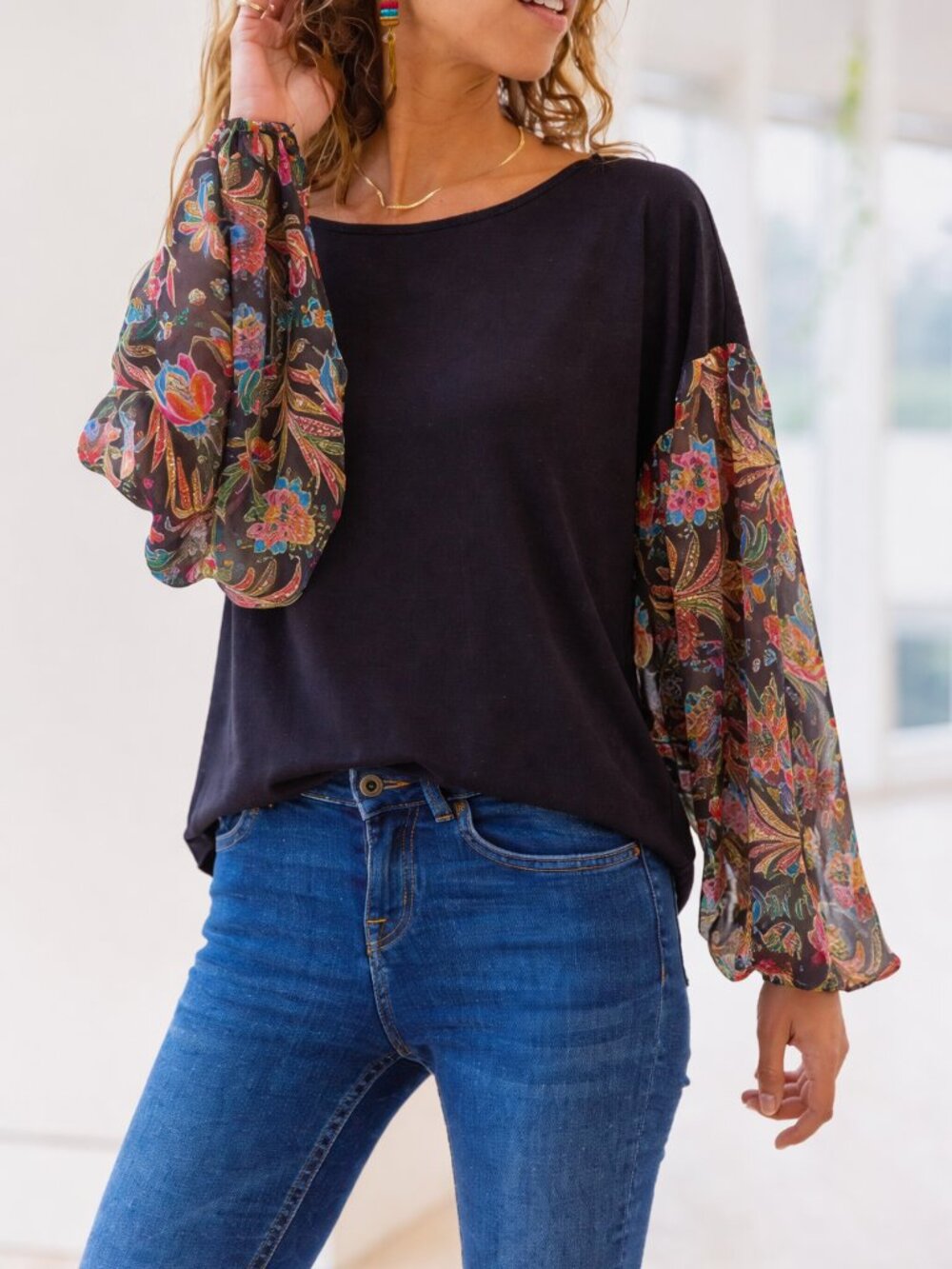 Italian-Inspired Boho Floral Sleeve Black Top | Boutique Quality Balloon Sleeve